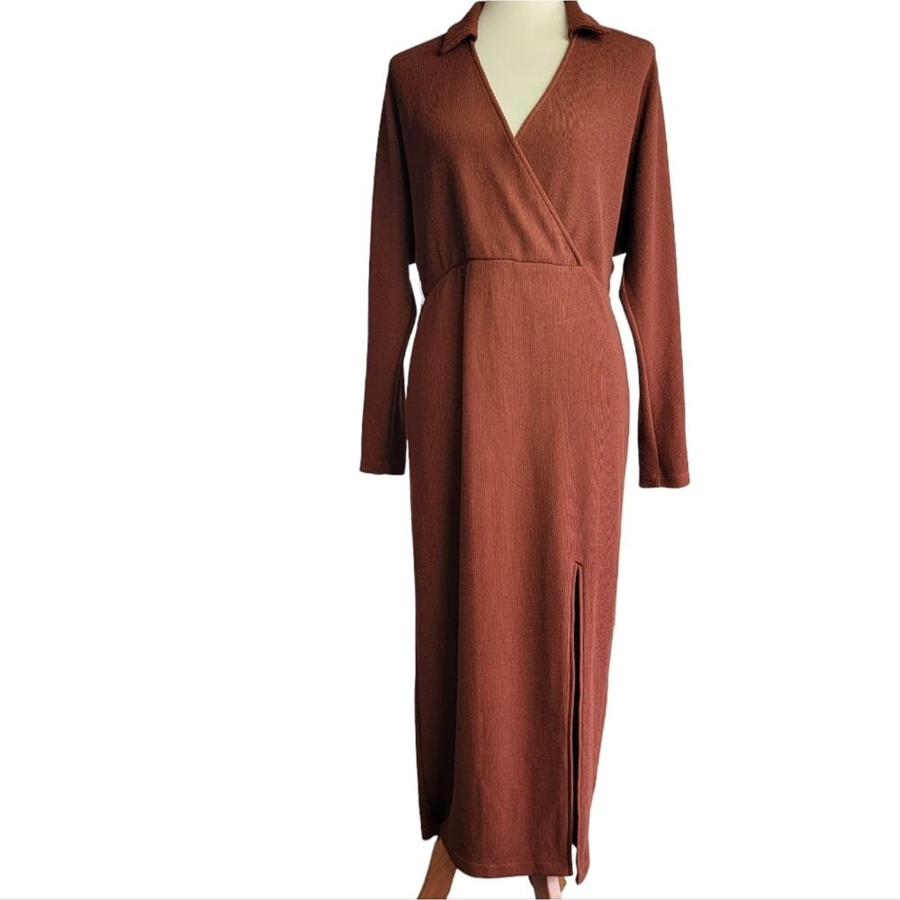 Saylor Nathalie Rust Orange Brown Ribbed Casual Midi Wrap-Style Sweater-Dress L